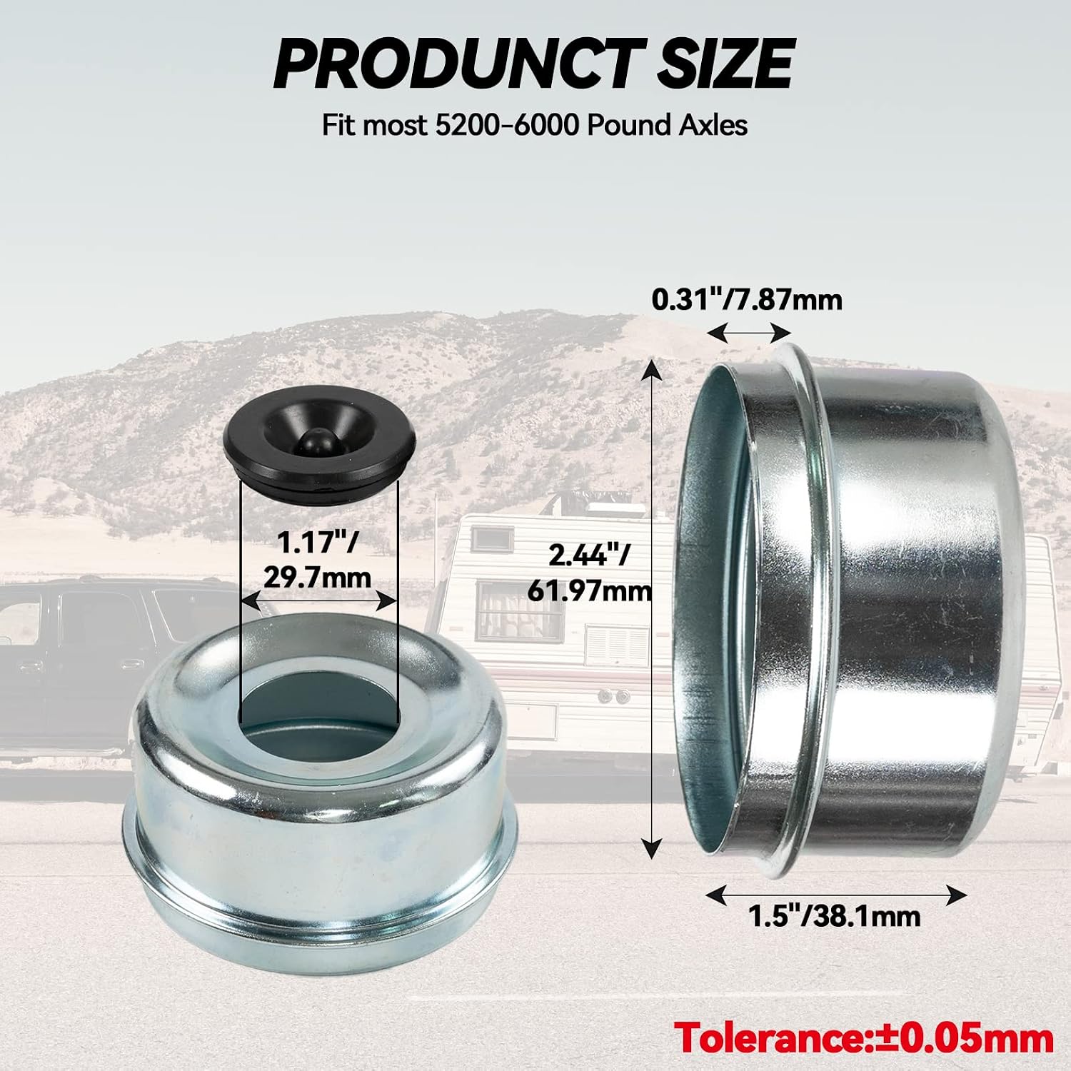 4pcs 2.44" Trailer Bearing Dust Cap, Bearing Buddy Caps, Trailer Axle Grease Cap with 4 Rubber Plugs Replacements for Trailer Axle Wheel Hub for 5,200 to 6,000lb Trailer Wheel Hubs