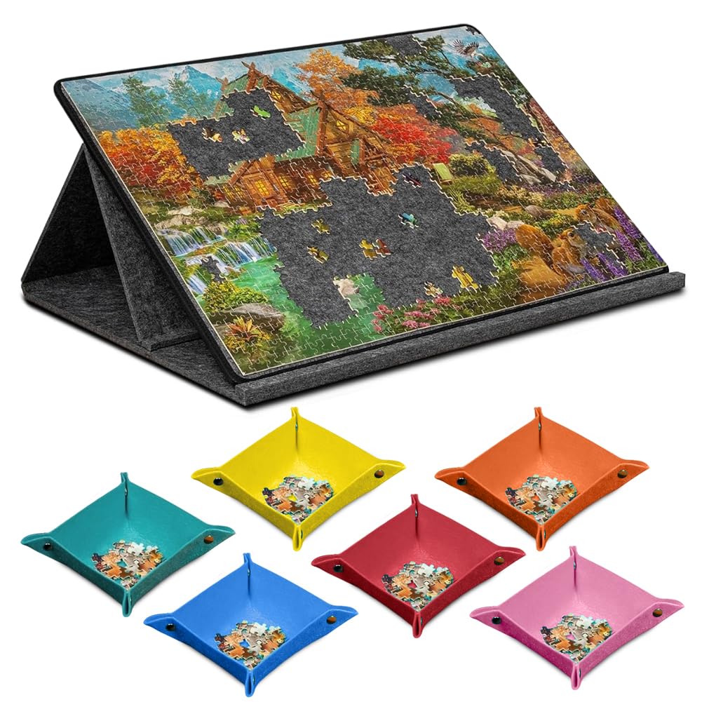 Tablero Puzzle para 1000 Piezas, Tablero de Rompecabezas | Puzzle Board con 6 Bandejas y 2 en 1 Soporte, Tapete de Fieltro Ligero Portátil Mesa Puzzles, Plegable Antideslizante