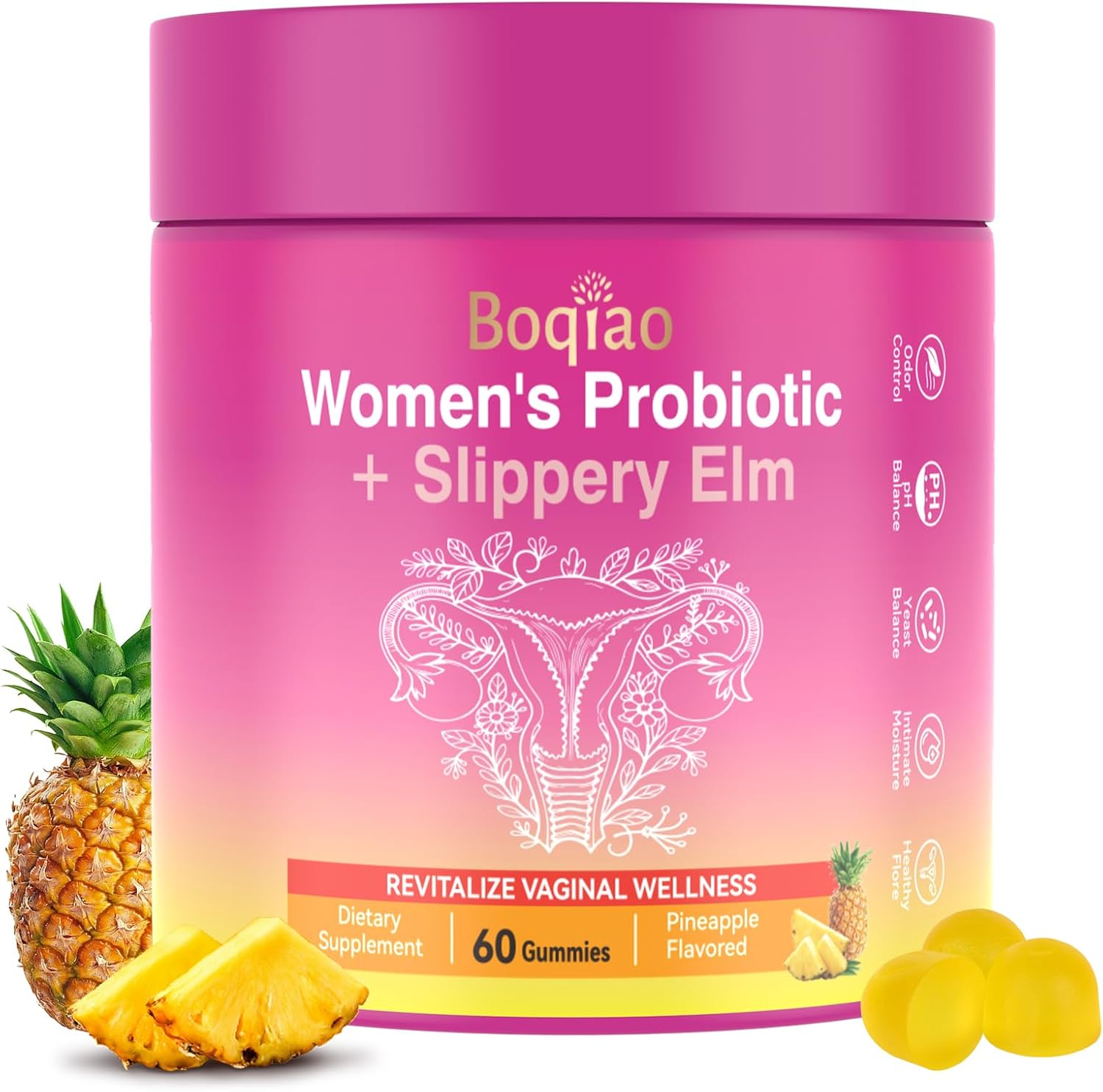 Feminine Probiotics Gummies with Slippery Elm - 60 Pineapple Gummies for Women ph Balance, Vaginal Probiotics Supports Flora, Gut Health & Immune System, Prebiotics & Lactobacillus Blend