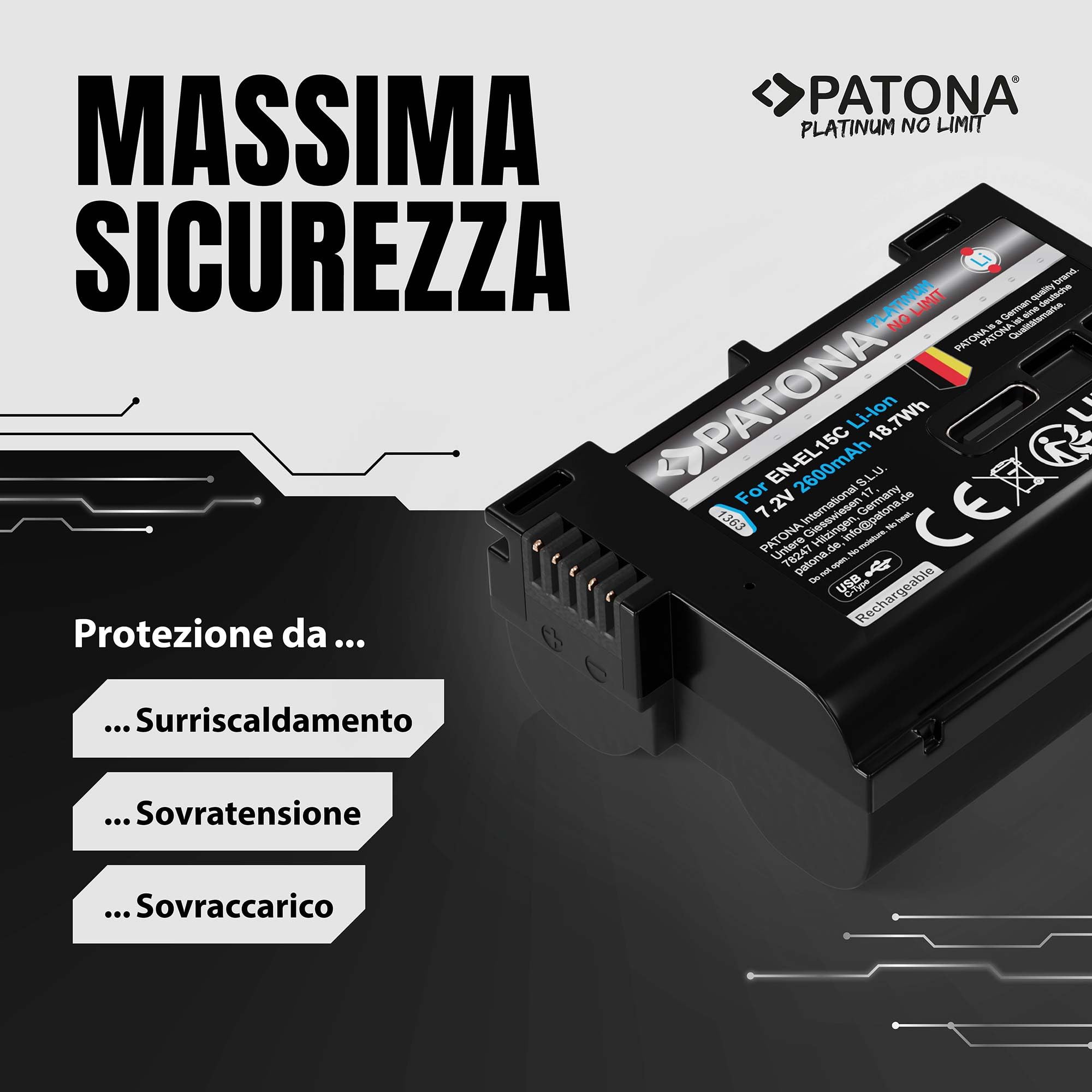 PATONA Platinum Batteria EN-EL15C 2600mAh con USB-C – ricambio per Nikon EN-EL15 EL15b EL15c – compatibile con Z5 Z6 II/III Z7 II Z8 Zf D7500 D850 D780 – ricarica diretta nella batteria