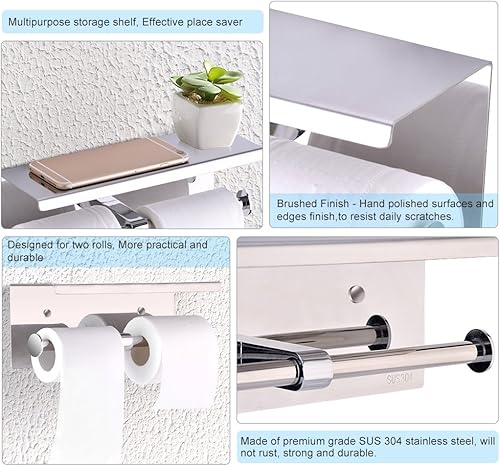 Miniatura 3 de Soporte doble de papel higiénico con estante - Dispensador de acero inoxidable TP montado en la pared - Almacenamiento multiusos para baño