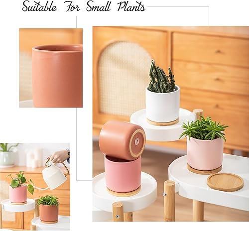 Miniatura 5 de OMAYKEY Maceta de cerámica de 4 pulgadas con platillo de bambú, macetas multicolor con orificio de drenaje y almohadillas de malla para suculentas,