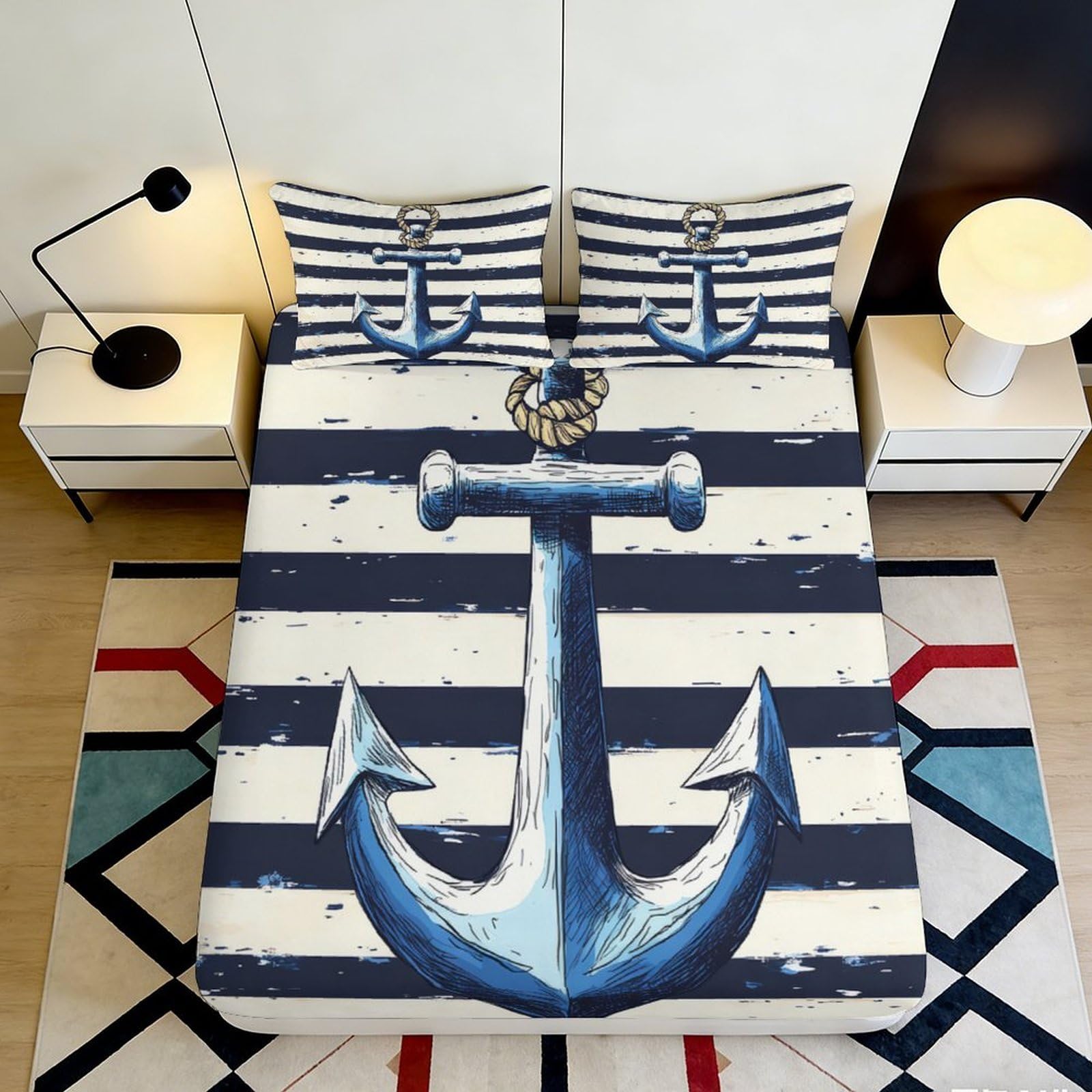 3D Printed Nautical Anchor Fitted Sheet Microfiber Navy Stripe Mattress Cover for Bedroom Guestroom Decor 90x200x25cm