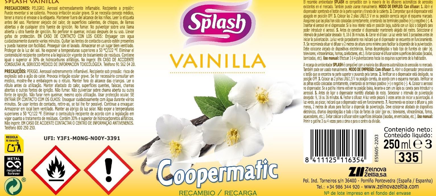 Splash Aerosol Ambientador Coopermatic, Recambio Automático| Fragancia Vainilla, Contenido, 250 ml (Paquete de 1)