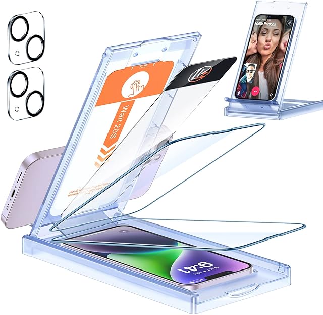 LK 5-in-1 for iPhone 13 Pro Max/iPhone 14 Plus Screen Protector, [1s Auto Dust-Elimination], 2 Tempered Glass Screen Protector Advanced [Full Coverage], [Reusable Phone Stand], 2 Camera Lens Protector