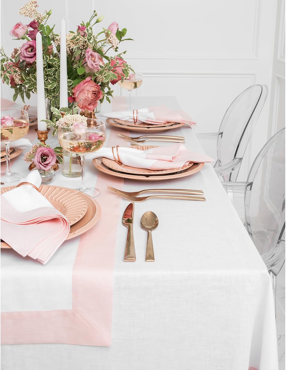 Solino Home Linen Tablecloth 60 x 120 Inch - 100% Pure Linen Blush Pink and White Tablecloth for Rectangle Tables - Contempo, Machine Washable Table Cloth for Mothers Day, Spring, Summer