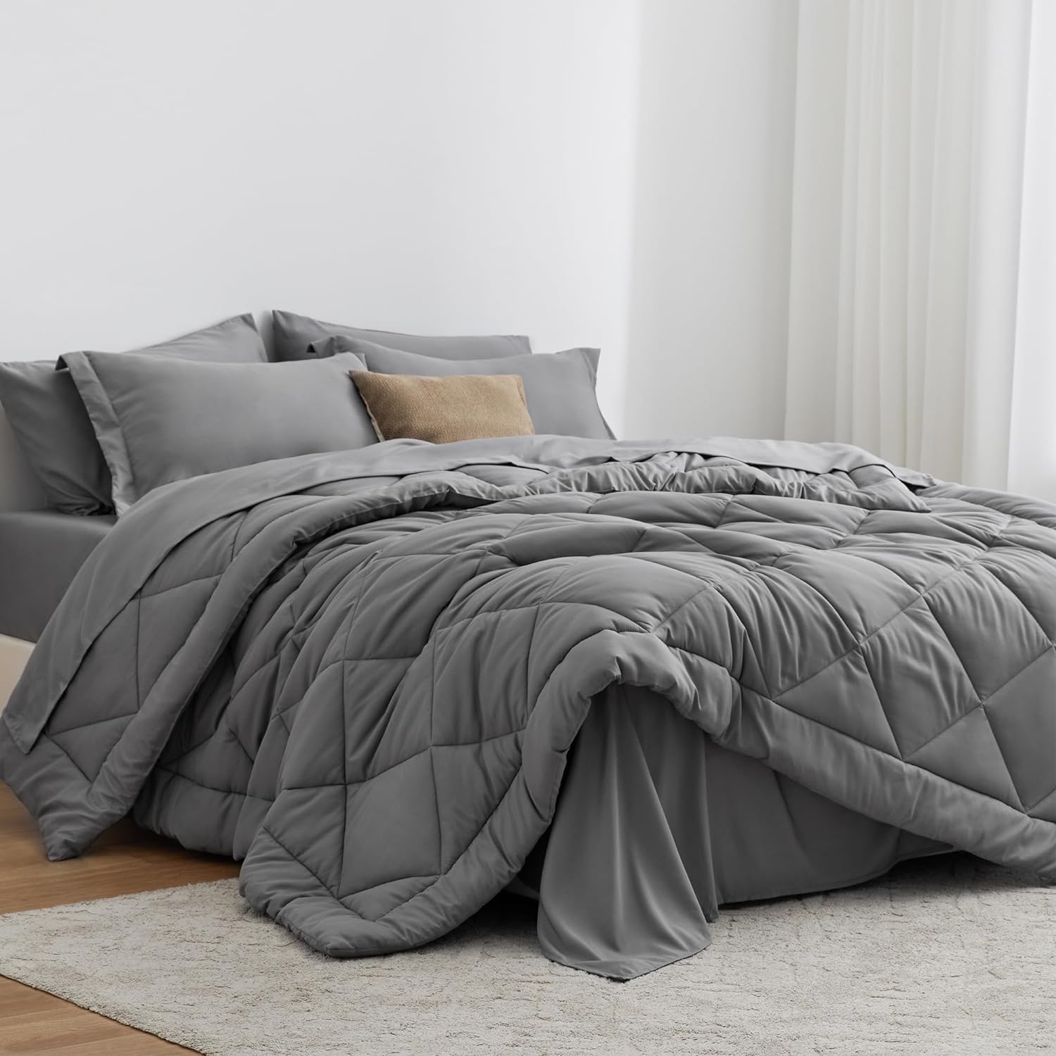 Love's cabin California King Comforter Set Grey, 7 Pieces California King Bed in a Bag, All Season Bedding Sets with 1 Comforter, 1 Flat Sheet, 1 Fitted Sheet, 2 Pillowcase and 2 Pillow Sham California King Grey