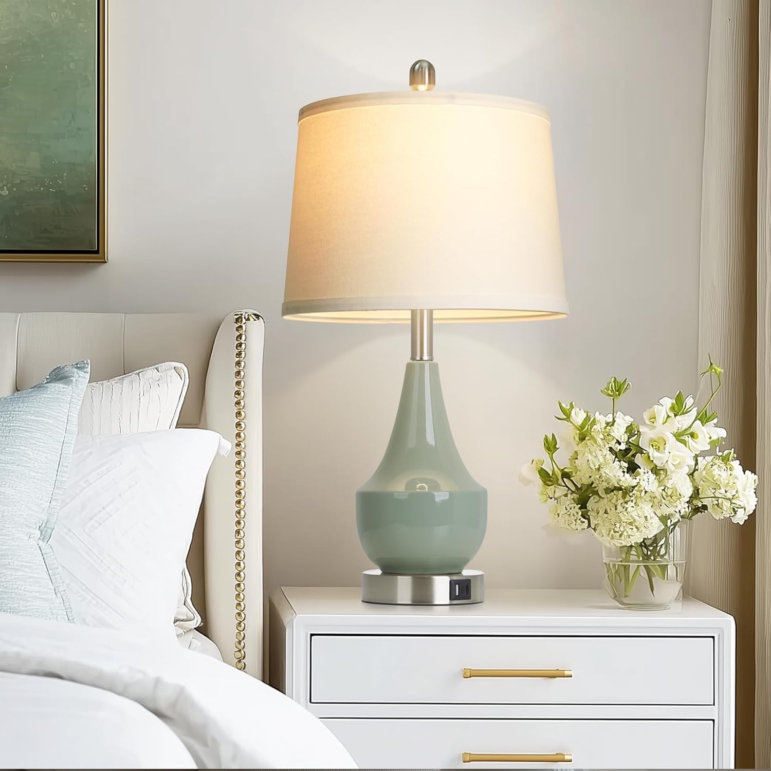 Modern Green Table Lamp Set of 2, 24" Ceramic Table Lamp with USB A+C Ports,Classic Beside Lamps Nightstand Lamp Modern Lamp for Living Room, Bedroom & Office -LED Bulbs Included