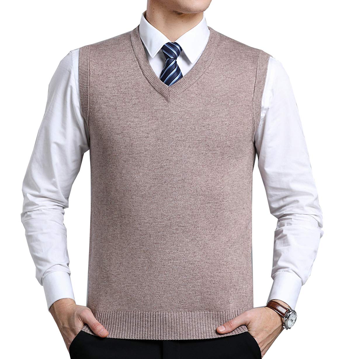Biutimarden Men's Khaki_1680 Moren Classic V-Neck Wool Sleeveless Jumper Vest Autumn Winter Warm Knitted Gilet Slipover Waistcoat Sweater Tank Tops (Xl, )