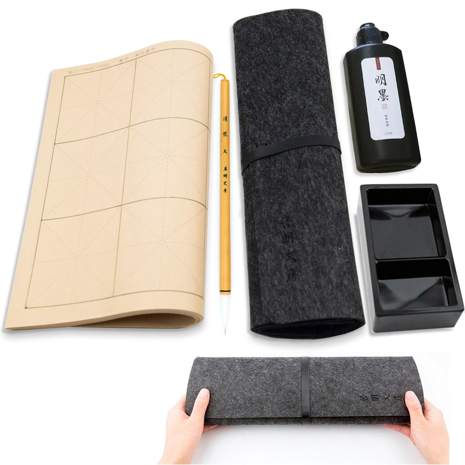 Sponsored Ad - Professional Chinese Calligraphy Set, Extra fine Calligraphy Brush, 250ml Light-Glue Ink, 50pc Paper, Ink stone, Chinese brush set Gift Set Sumi set with Portable Roll-up Felt Mat (5pcs Set)