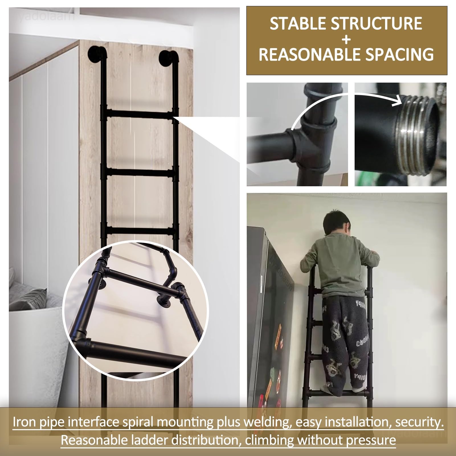 Escalera de Emergencia para Cama Alta - Tubo de Hierro Industrial de 99, 124, 130, 140, 149, 150, 159 y 165 cm. 4-8 peldaños. Escape de sótano. 135 cm/53 Pulgadas. Duradera y segur