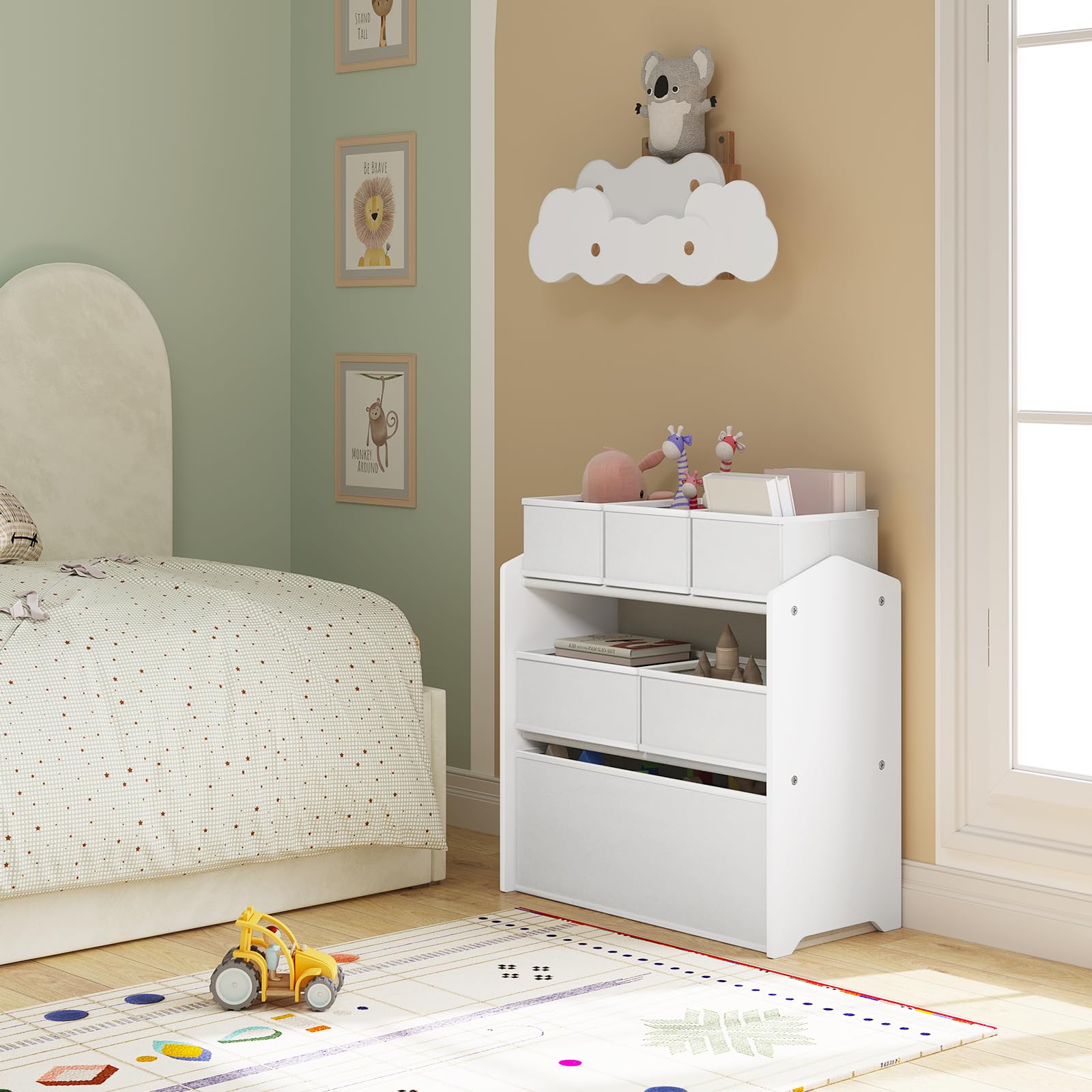 Lestarain Kinderregal mit 9 Aufbewahrungsboxen, Spielzeugregal, Regal Kinderzimmer Spielzimmer, Kinderregal, 92x60x30 cm, Weiß