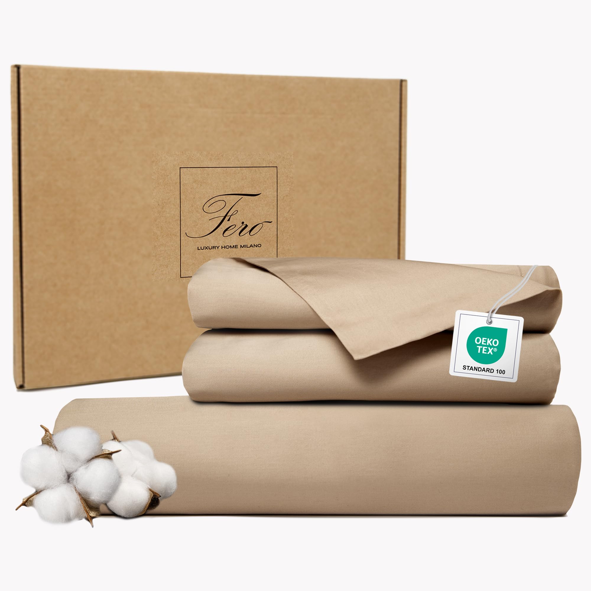 Ferò Juego Funda Nordica 240x220 con Funda Almohada 50x75, Fundas Nordicas Algodón Premium Satén 300 TC con Proteína de Seda, Diseño Made in Italy, Capa Edredon, Color Sólido, Beige