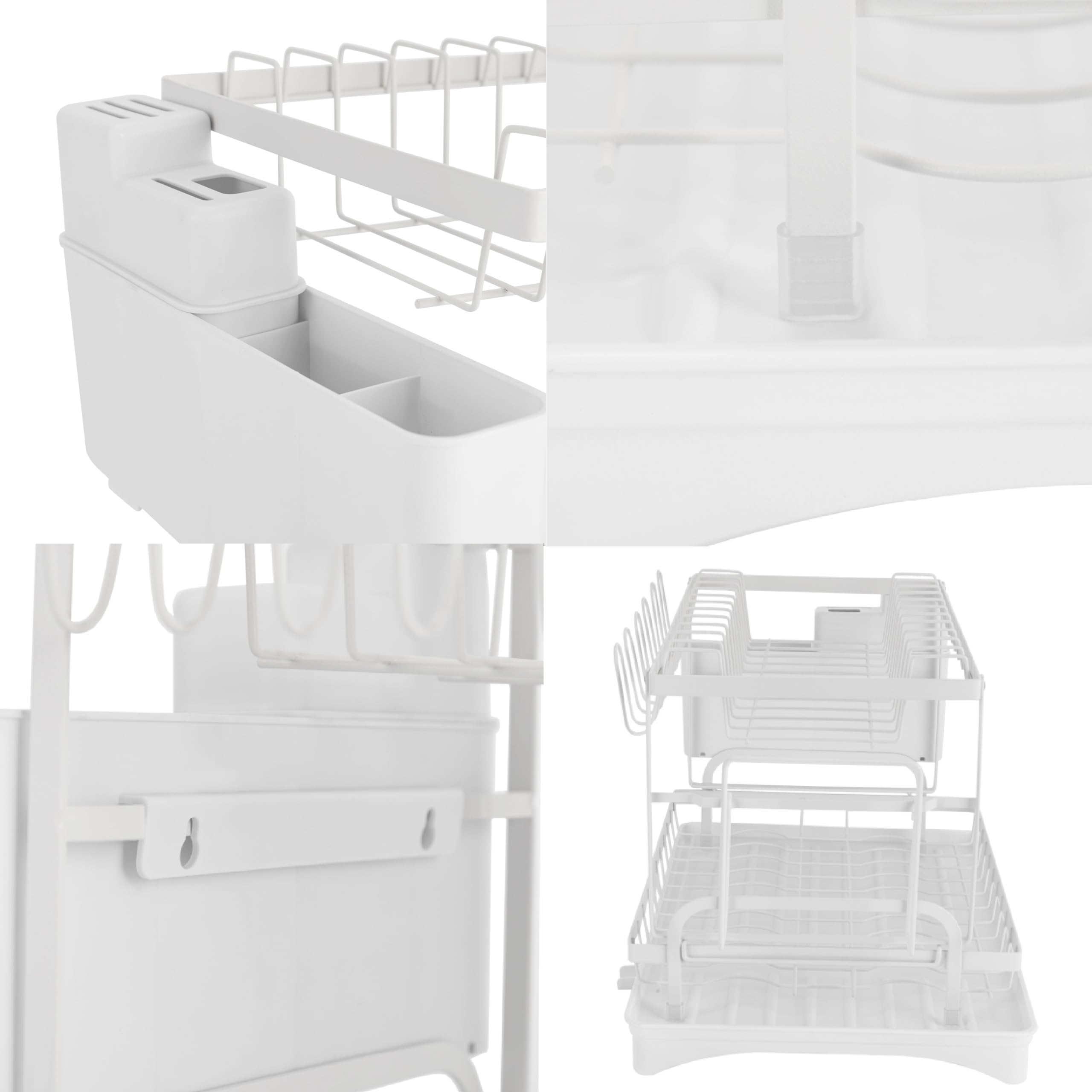 Égouttoir à vaisselle à 2 étages en acier au carbone avec porte-baguettes, égouttoir à vaisselle avec crochets, étagère à couteaux (blanc)