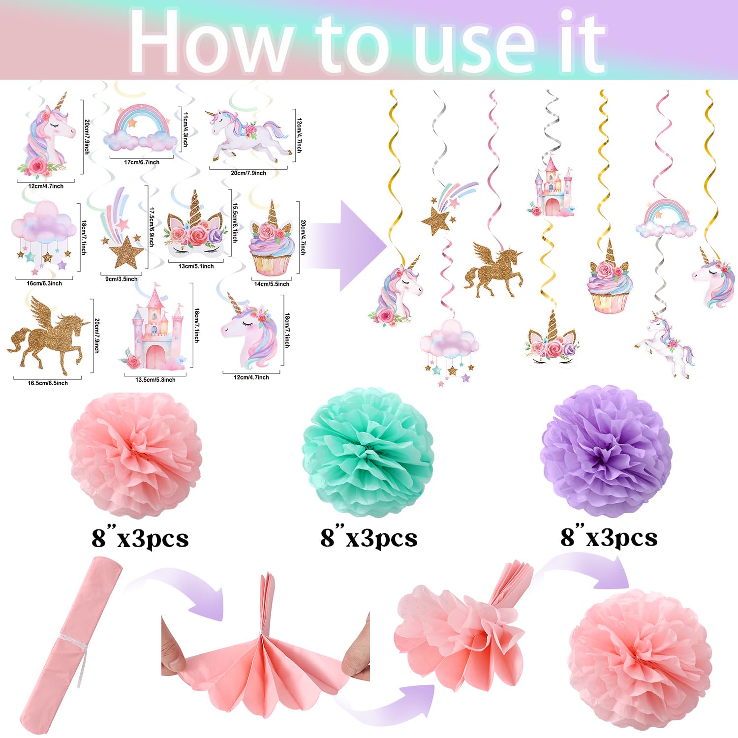 Decorazioni di compleanno con unicorno, striscione di buon compleanno, 9 pompon in carta velina, 10 vortici da appendere, ghirlanda a pois per decorazioni per feste di compleanno per ragazze