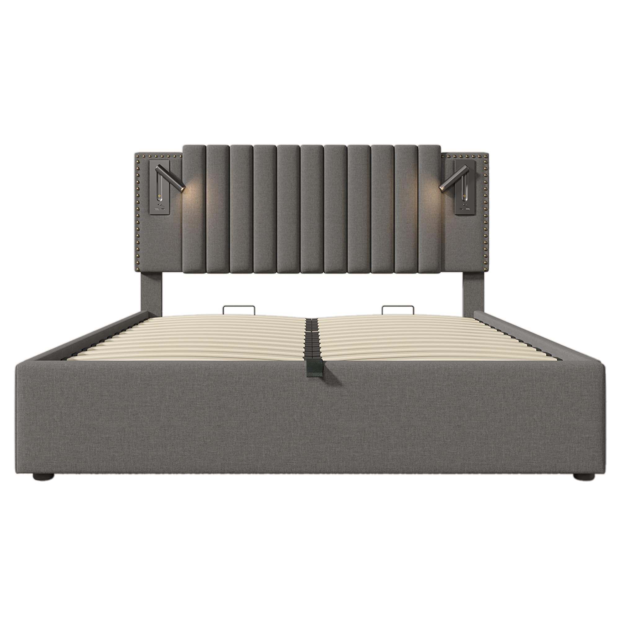 Kayan Polsterbett 180x200cm, Boxspringbett mit hydraulisches Bettkasten, Bett mit Lattenrost, Leselicht mit USB Ladefunktion Kopfteil, Stauraumbett Doppelbett Jugendbett (Grau, 180x200cm)