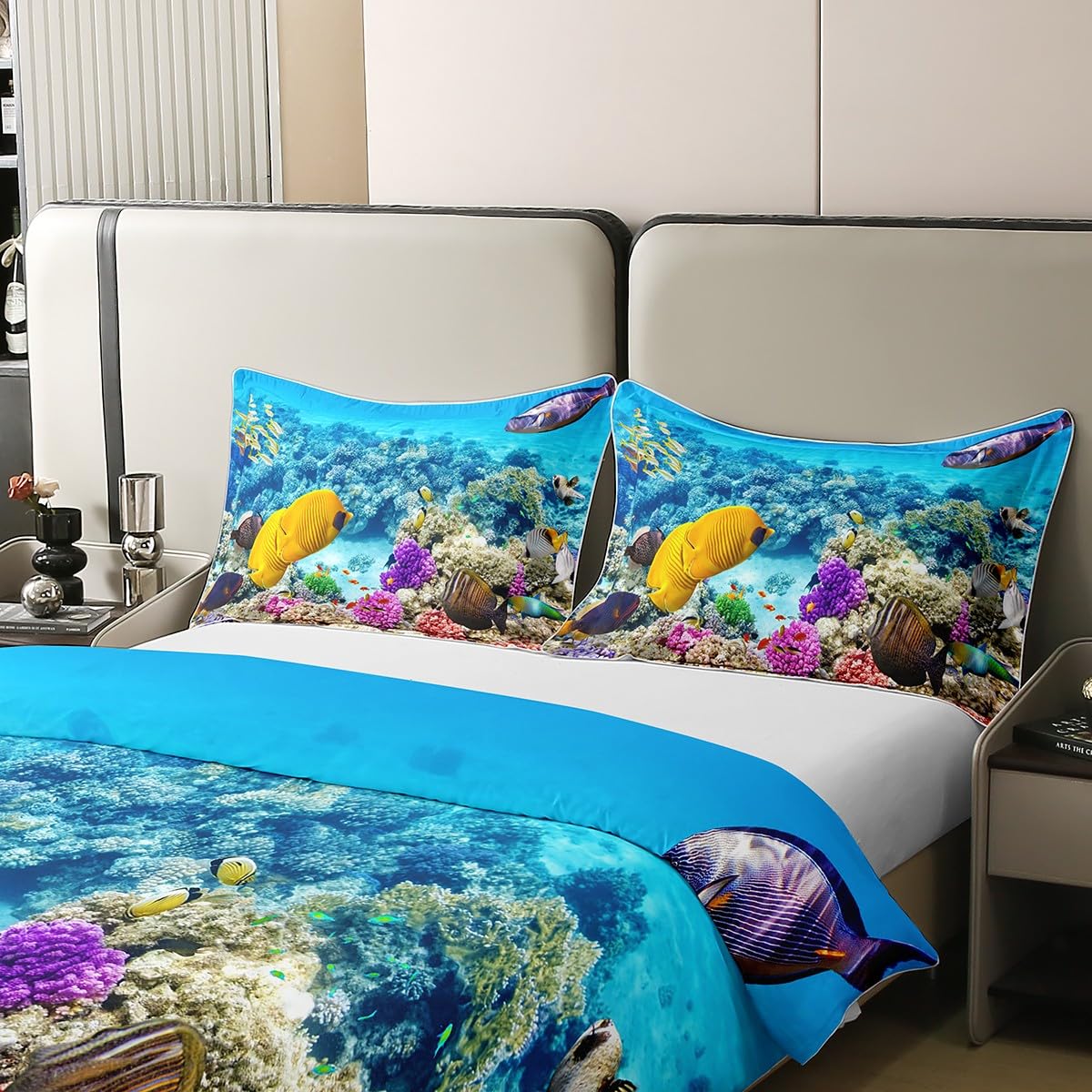 3D Onderwater Wereld Dekbedovertrek Cartoon Tropische Shoal Vis Octopus Hippocampus Zeester Strand Kokosnoot Boom Krab Graffiti Polyester Beddengoed en Kussenslopen voor Kinderen (Kleur 4, King 220x240 cm