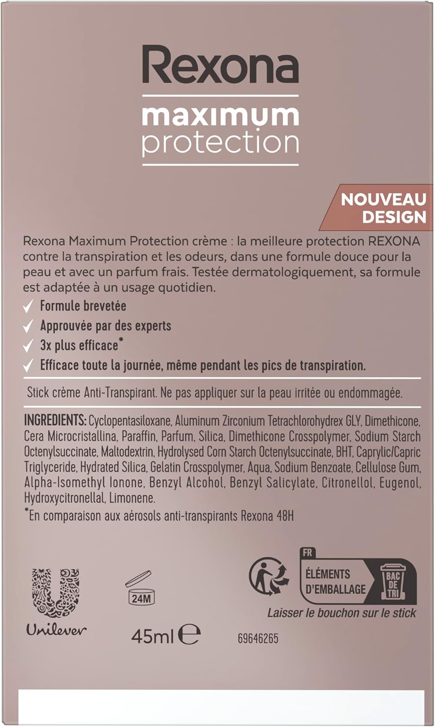 Rexona Déodorant Femme Stick Anti-Transpirant - 3x Plus Efficace - Protection 96h - Douceur & Parfum Frais - 45ml - Description