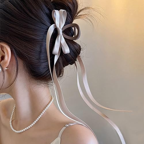 Miniatura 3 de Pinza para el cabello con lazo y cola larga, paquete de 2, pinzas grandes para cabello grueso para mujer, accesorios para el cabello largo (marrón y