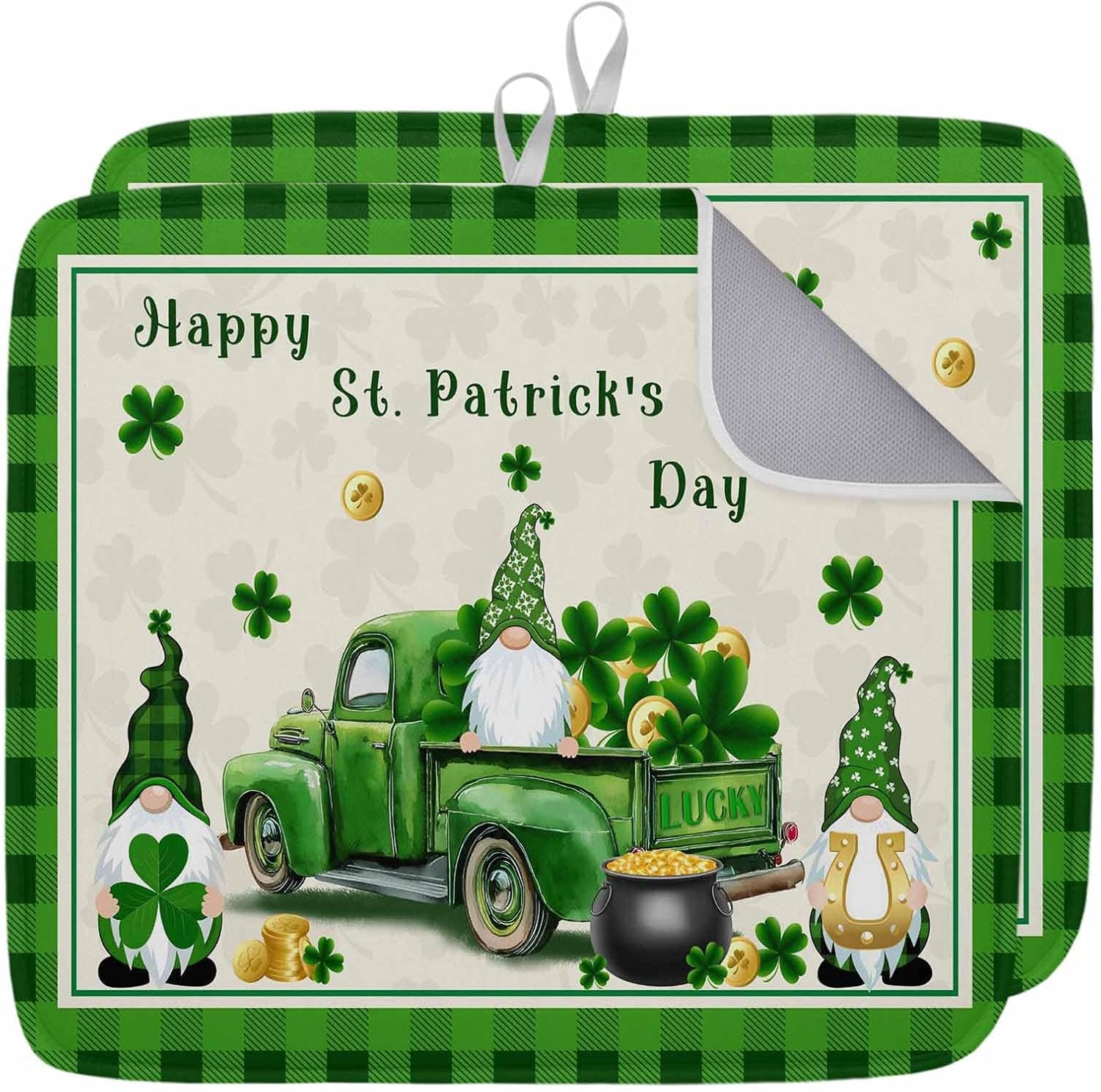 Happy St. Patrick's Truck Dwarf with Clovers Dish Drying Mats for Kitchen Counter,Absorbent Microfiber Dish Drainer Rack Mat Gold Coin on Green Check Drying Pad for Sinks,Utensils,Countertops,18x24in