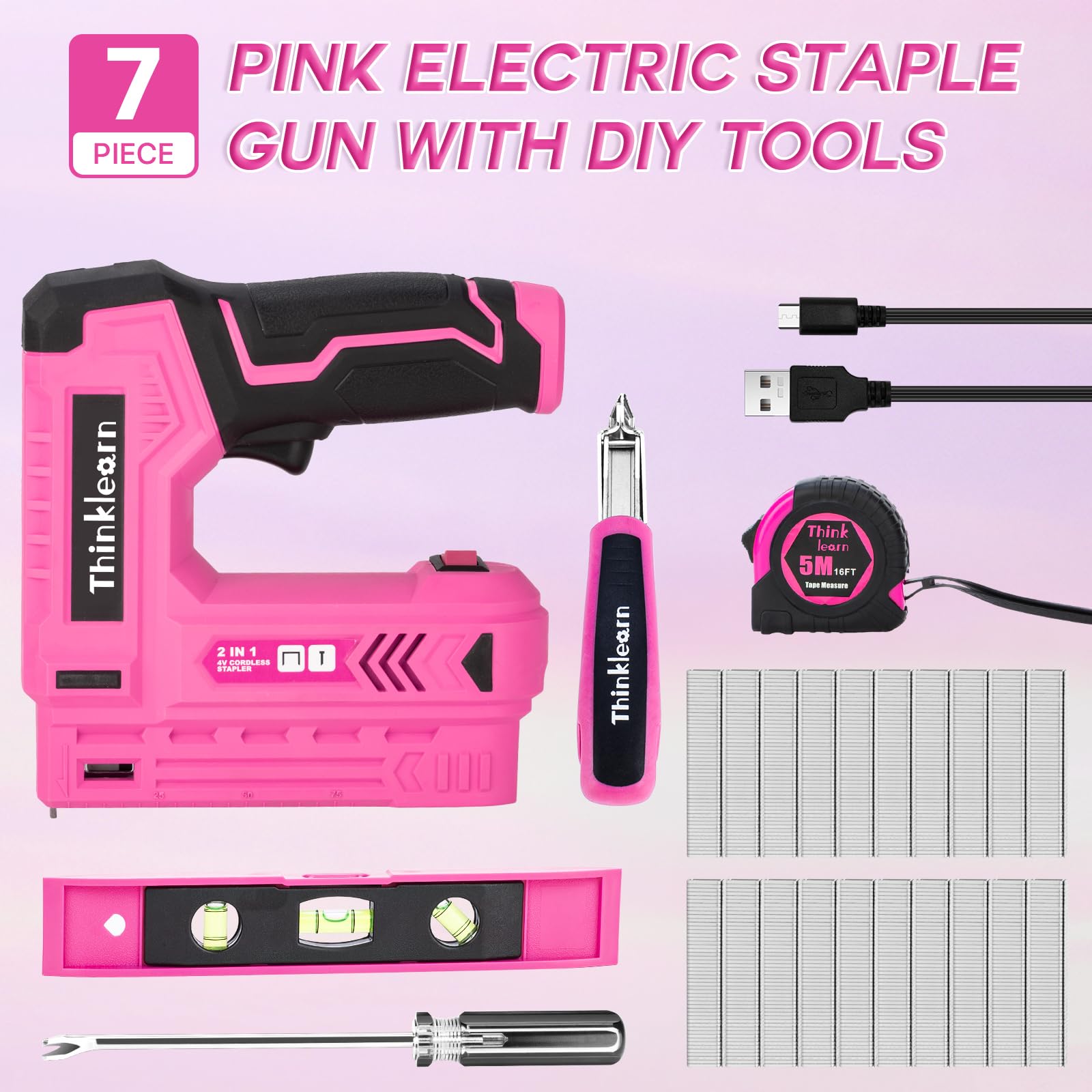 Agrafeuse électrique rose, 7 pièces 2 en 1 sans fil avec 2500 clous d'agrafes, cloueuse 4 V pour tapisserie, bois, menuiserie, artisanat, bricolage, kit de cloueuse Brad avec chargeur USB