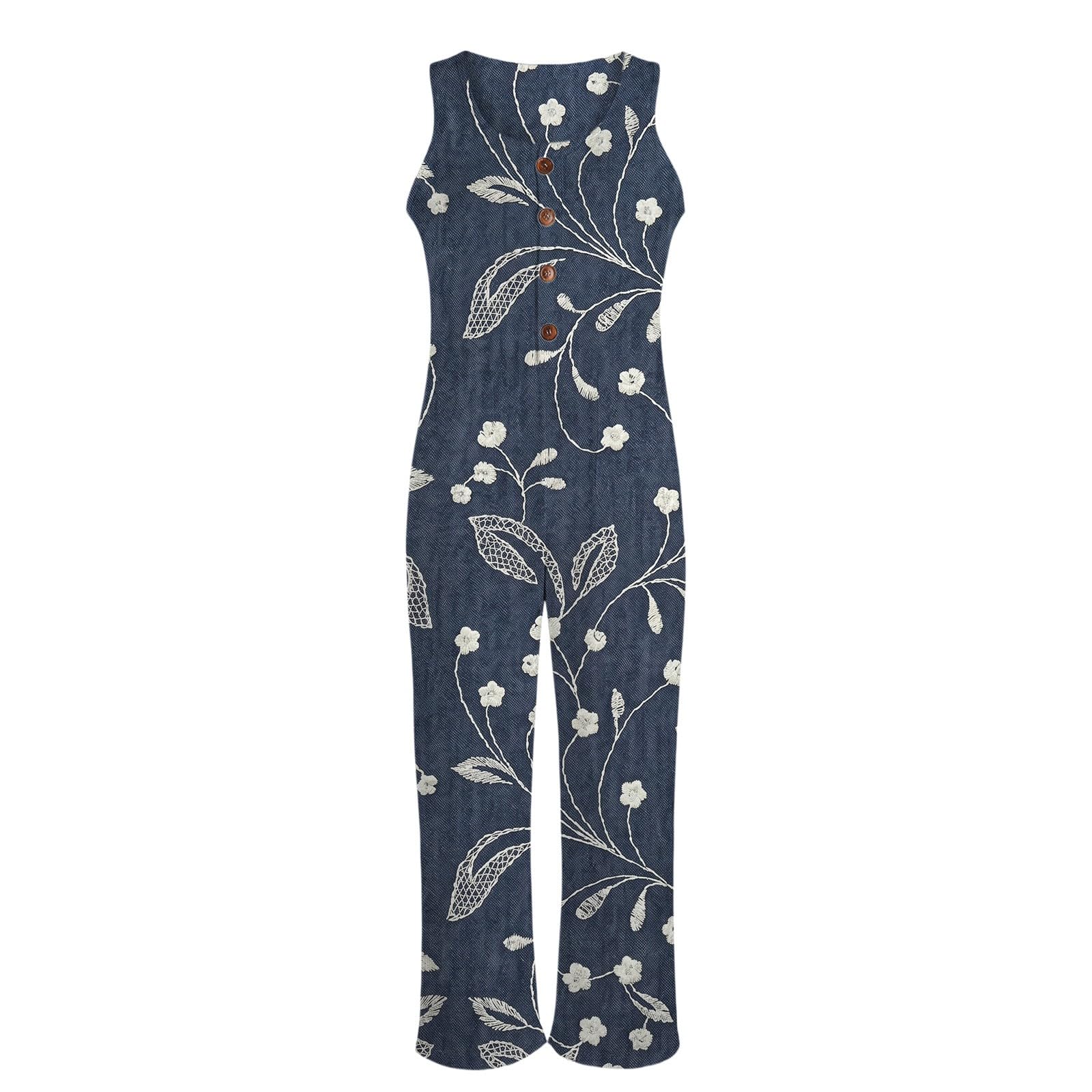 Generisch Combinaison d'été légère et longue pour femme - Combinaison sans manches - Motif floral - Salopette à jambes larges - Combinaison bohème surdimensionnée - Pantalon d'été avec poches