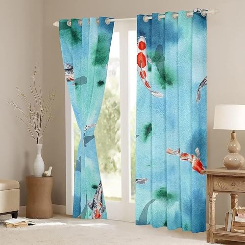 Miniatura 3 de Sxakswol Cortinas opacas 3D de estilo japonés Koi para dormitorio, sala de estar, cortinas de ventana con aislamiento térmico, oscurecimiento para