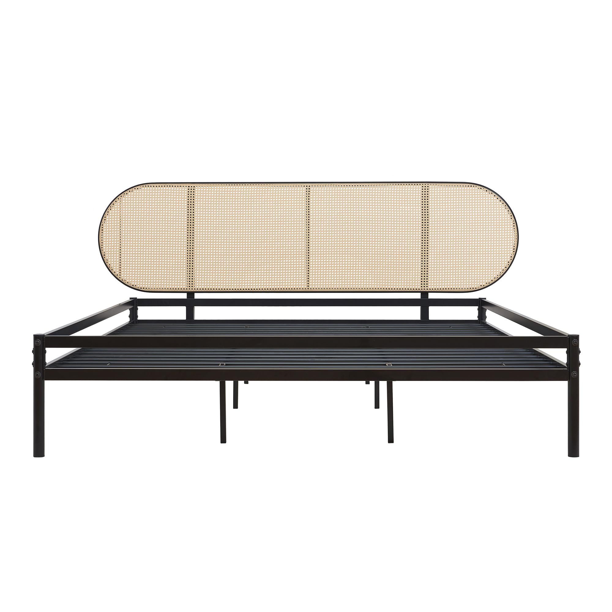 [en.casa] Bett Linköping 180 x 200 cm Bettgestell und Lattenrost Metallbett mit ovalem Kopfteil Doppelbett max. 300 kg Schwarz mit Rattanoptik