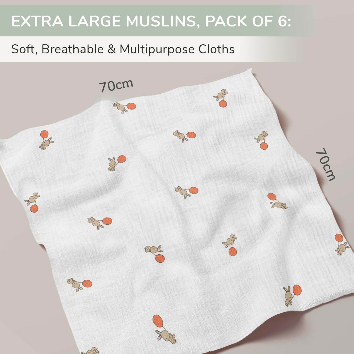 Tiny Trees Baby Muslin Cloths, 6 Pack 70cm x 70cm, Extra Soft Cotton Muslin Cloths for Baby, Absorbent - Image 2