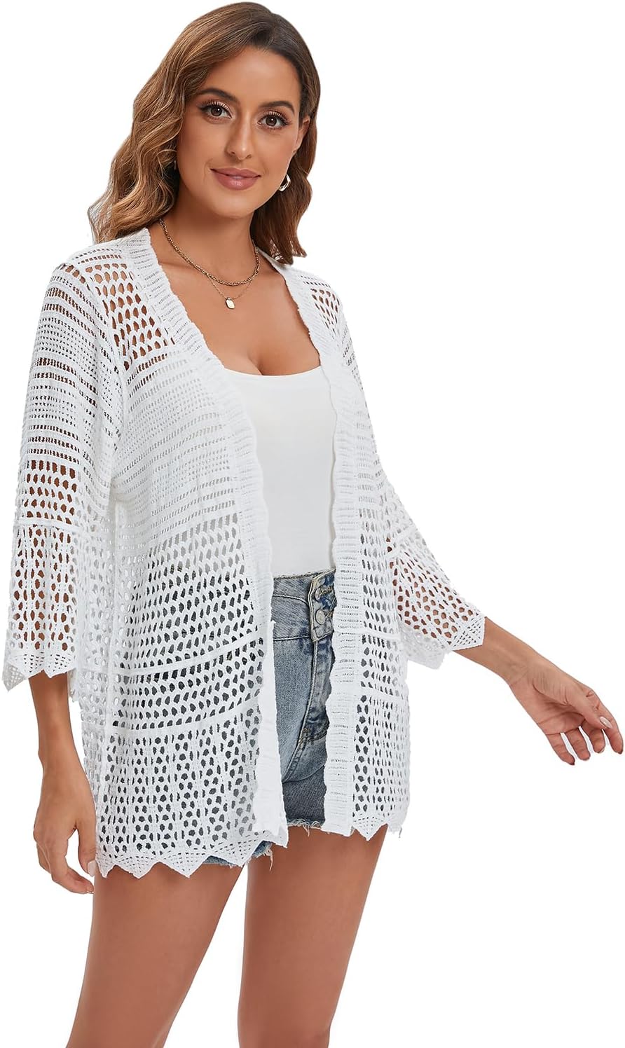 Crochet Cardigan for Women 3/4 Sleeve Open Front Lightweight Lace Boho Cover Up - Image 3