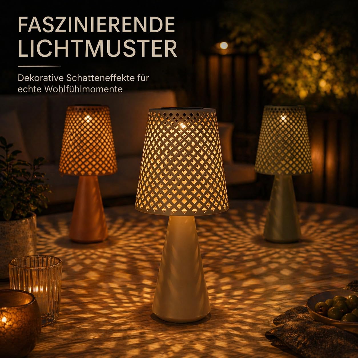formano Solarleuchten Outdoor 3er Set Solar Tischlampen für Garten Terrasse Balkon LED Solarlampen mit Metallschirm in Beige Grün Braun 18x38 cm, inkl. AA Akku, wetterfest für Außen