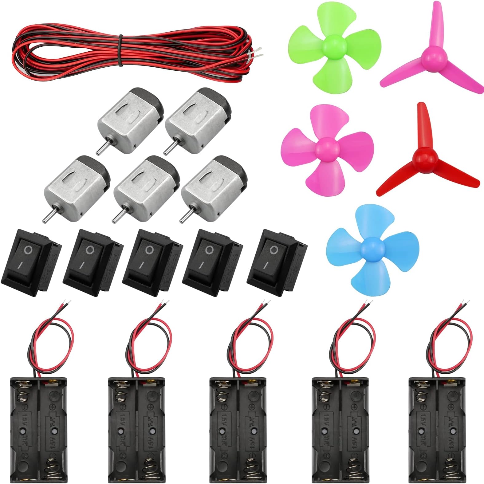 21 PCS DC Motors Kit,Mini Electric Motor 1.5-3V 24000RPM with 5 DC Mini Motors and 5 AA Battery Holders Red and Black Two-tone 0.5 Square Cable and Mini Fan Leaf for DIY Science Experiment