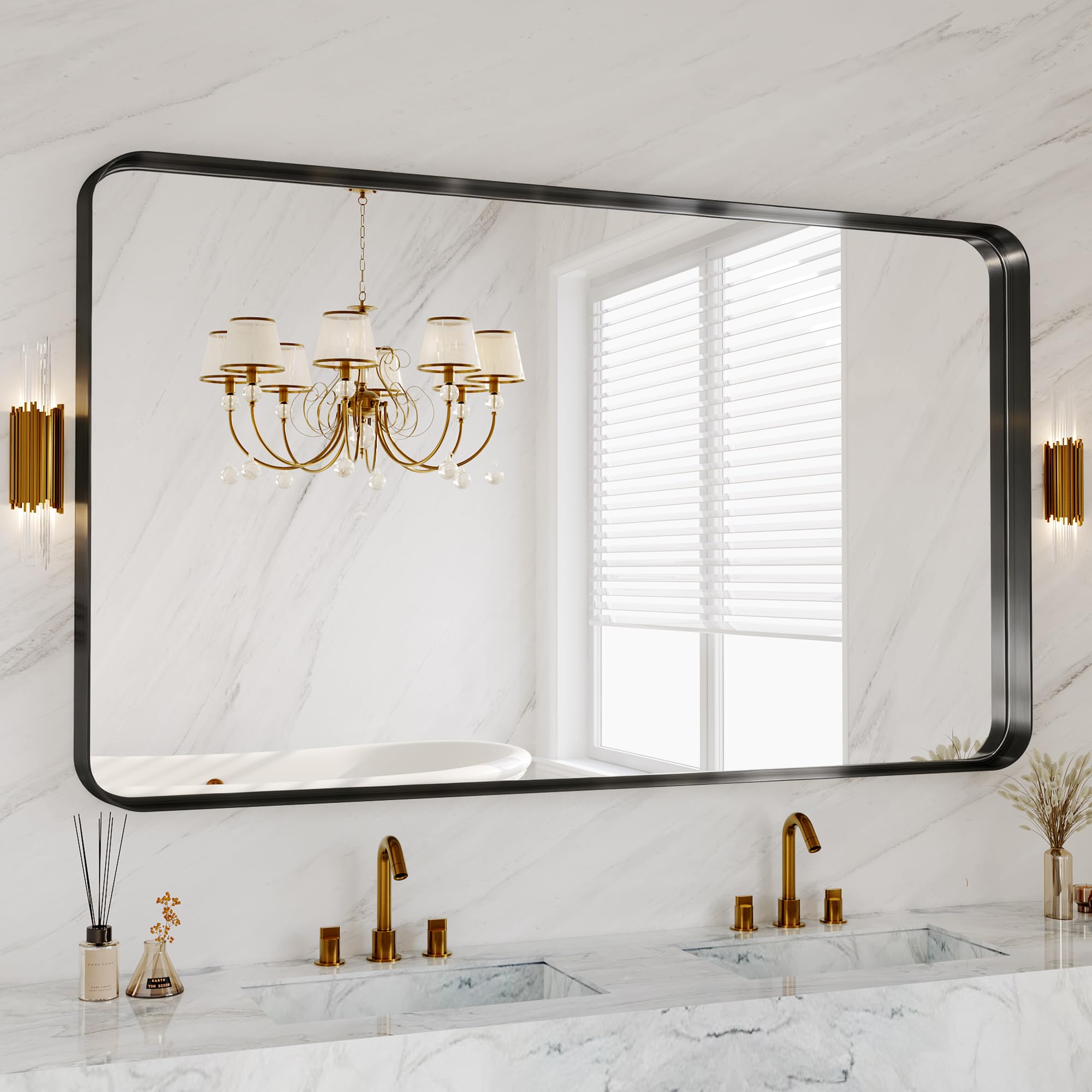 60x36 Inch Bathroom Mirror for Wall, Matte Black Metal Framed Bathroom Vanity Mirror for Restroom Farmhouse, Anti-Rust, HD Tempered Glass, Hangs Horizontally or Vertically