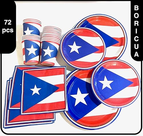 Miniatura 5 de Juego de suministros para fiestas con la bandera de Puerto Rico, platos boricua, servilletas puertorriqueñas, vasos, vajilla desechable, 72 piezas,
