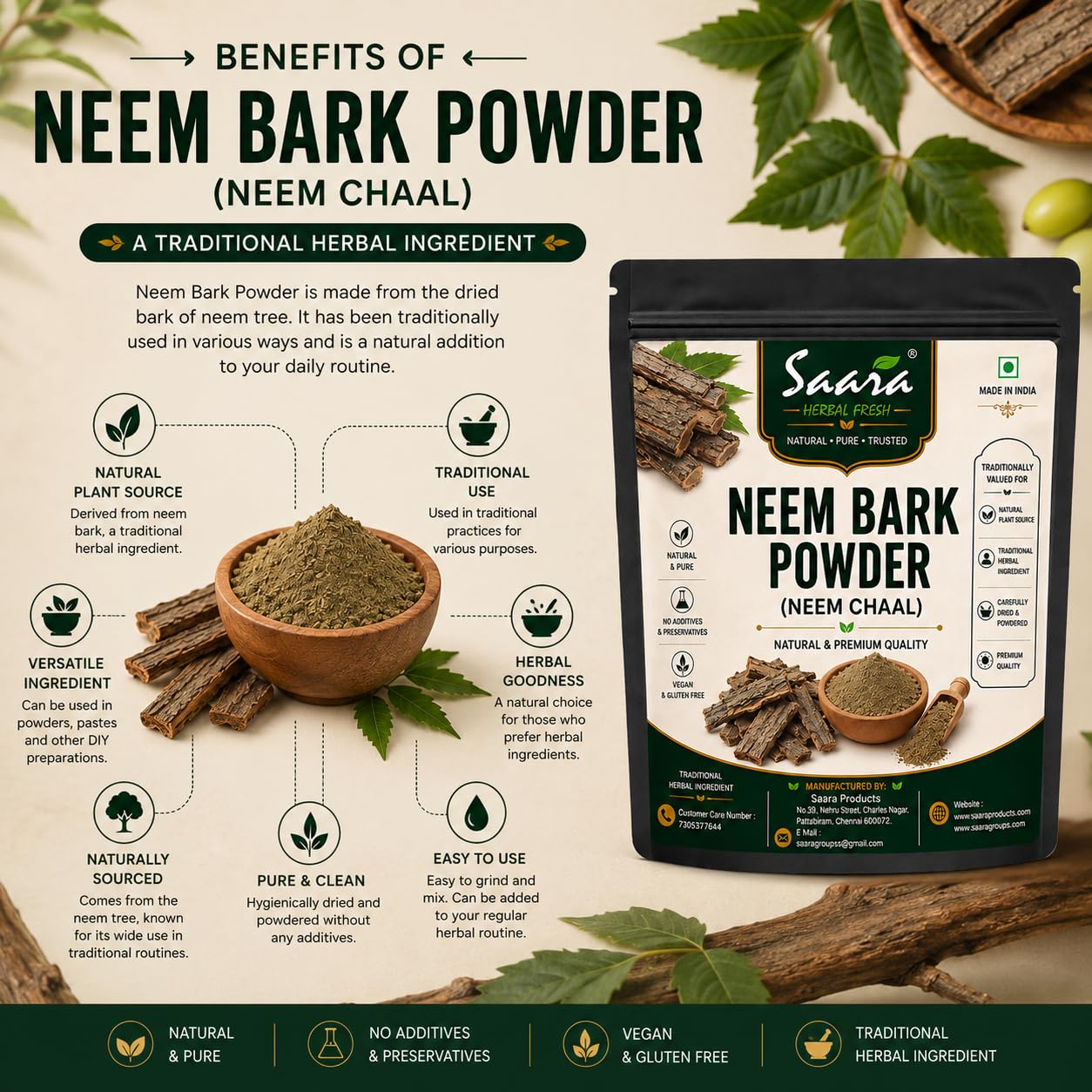 Saara HERBAL FRESH Neem Bark Powder, 100g, Neem chaal, Veppam Pattai, Nimbaka, Azadirachta Indica, Margosa Bark Powder For Teeth & Skin Care, (pack of 1 x 100g) — Amazon image 3