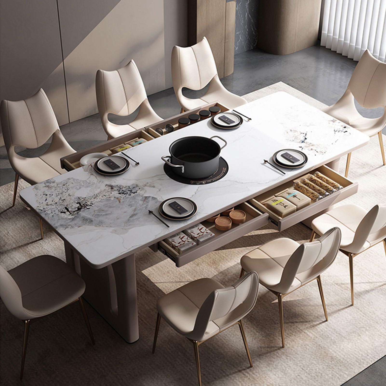 HONGYISHI Adjustable Metal Dining Table Computer Desk with Drawer Power Outlet Long Home Office Desk Storage Cabinet Modern