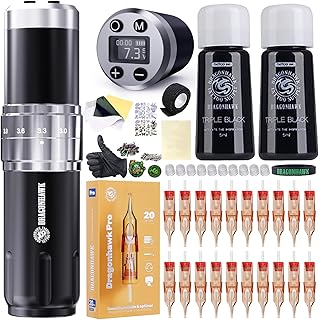 Wireless Tattoo Gun Kit, Rotary Tattoo Machine Pen with 2 Batteries Power Supply, 20 Count Extra Smooth Needles Cartridges, Adjustable 7 Strokes Length for Beginners