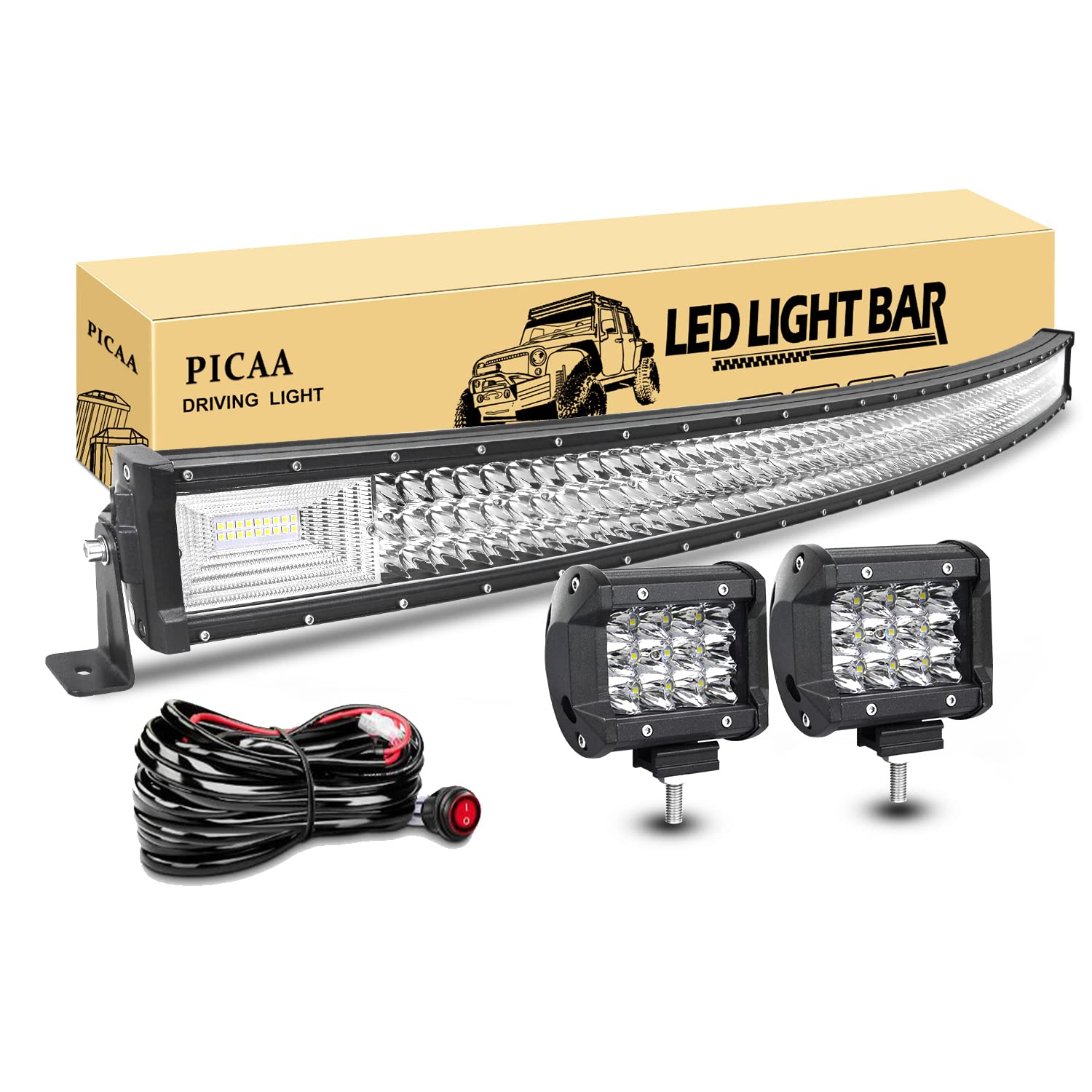 PICAA Faro da lavoro a LED, 52 pollici, 130 cm, 675 W, 7D, 3 file, 12 V, con 2 luci LED da 4 pollici, per SUV, fuoristrada, ATV, UTV, trattore, 4 x 4 auto