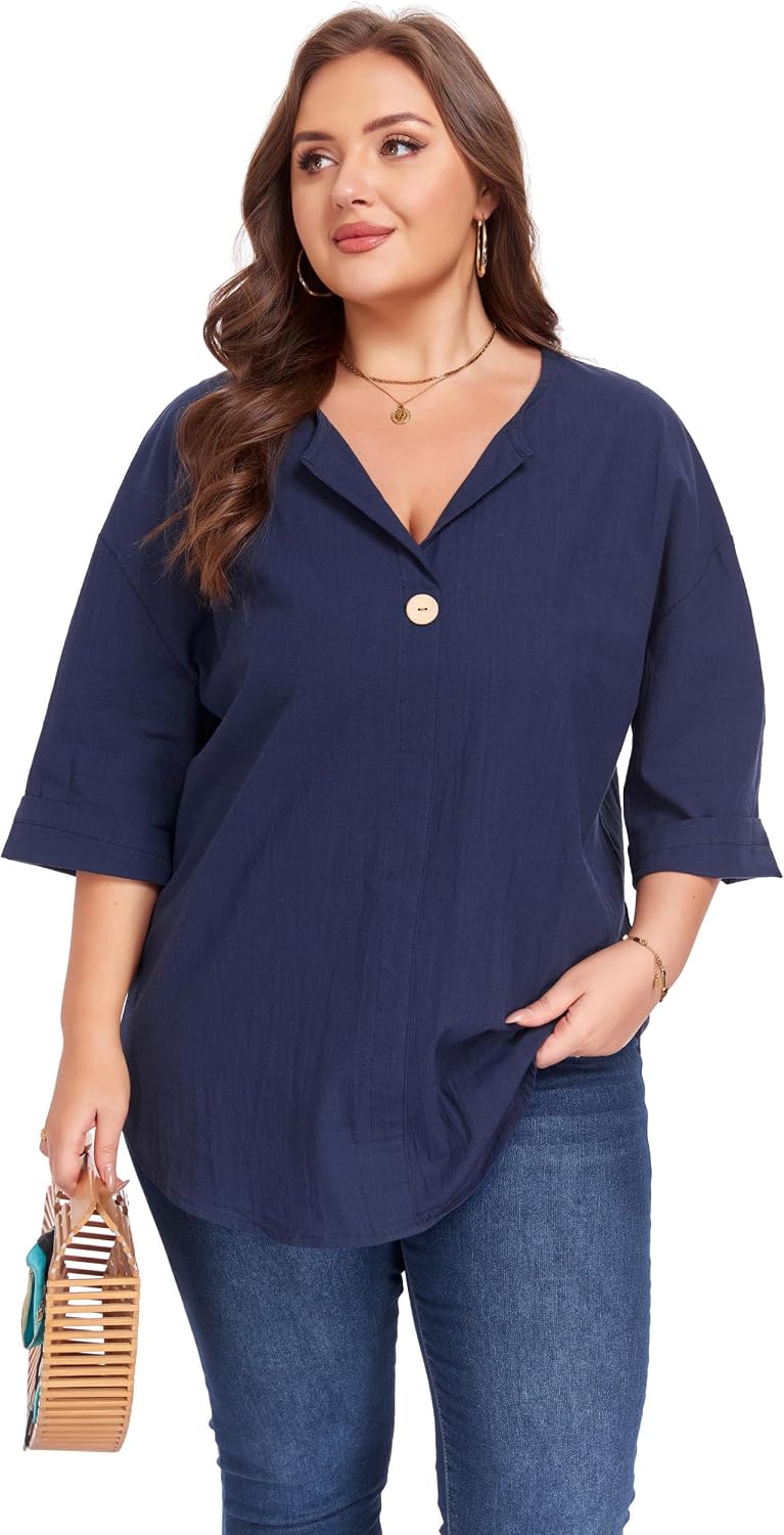 ForHailey Women's Plus Size 3/4 Sleeve Linen Cotton V Neck Button Shirt Blouse Tunic Tops Loose Fit 1XL-5XL