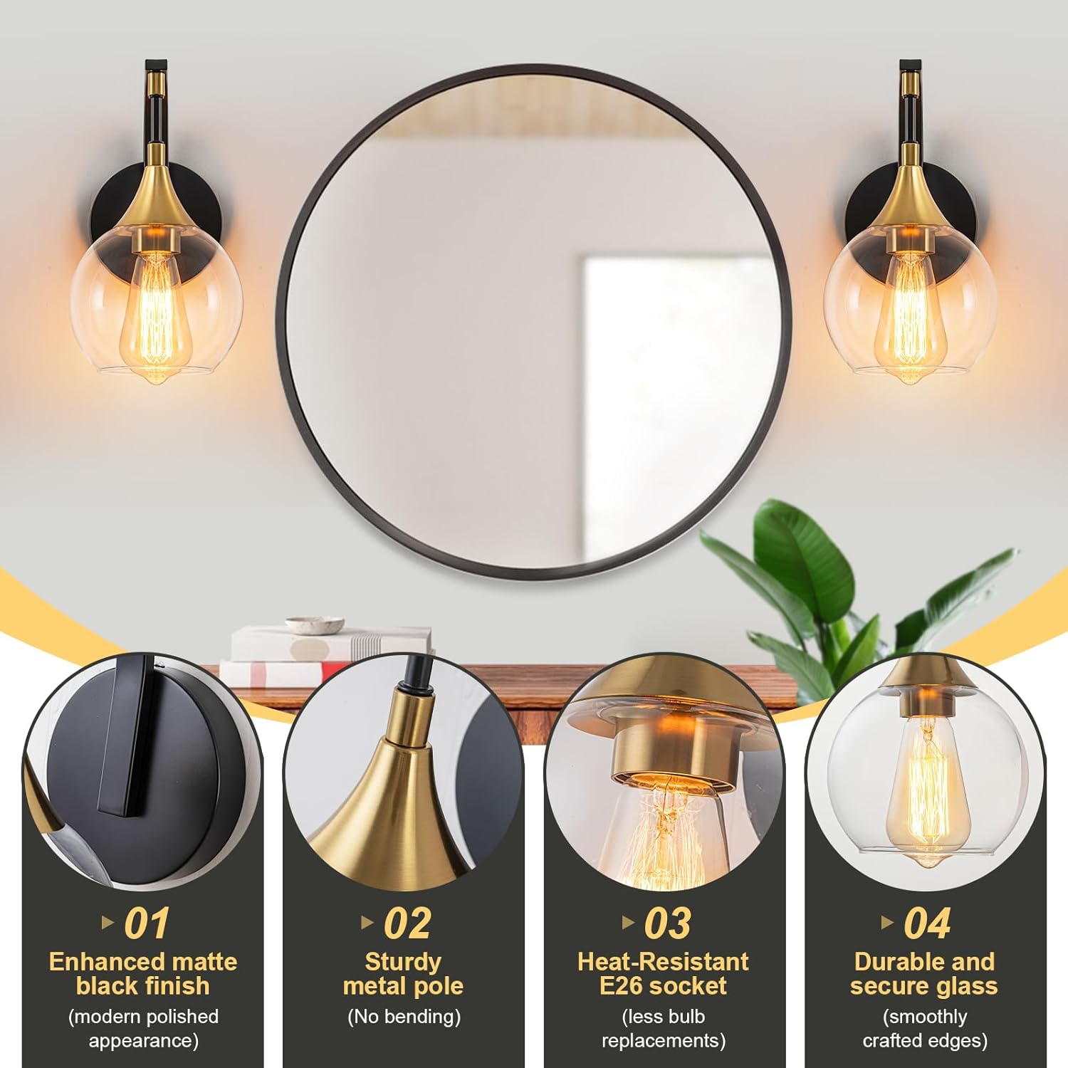 Modern Wall Sconce, Black and Gold Bathroom Vanity Lights with Clear Glass Shade, 1-Light Wall Light Fixture for Bathroom,Living Room, Hallway, Bedroom