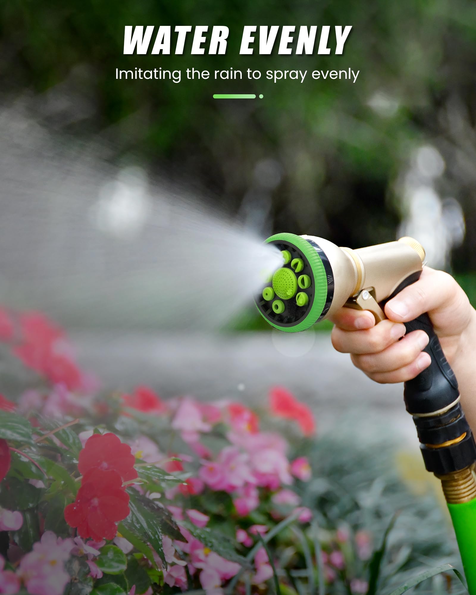 RAINPOINT Boquilla de manguera de jardín, boquilla rociadora de manguera de agua 100% de metal resistente (todo verde, paquete de 2)