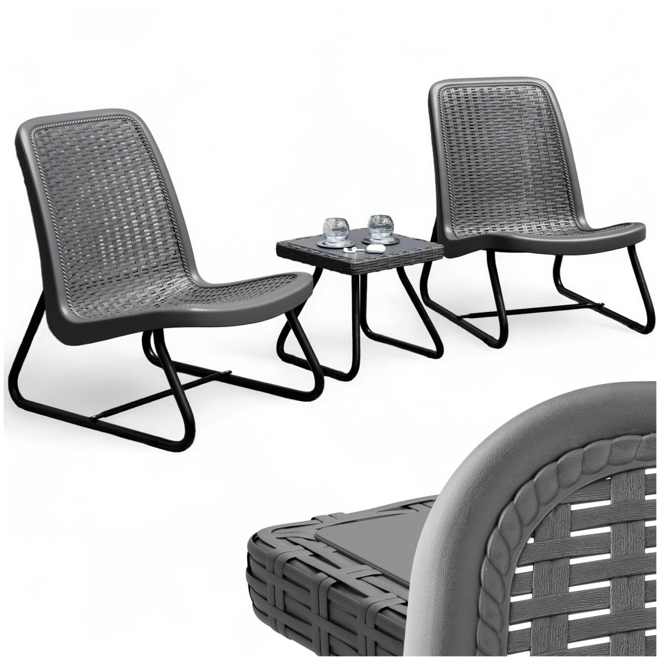 tectake® Salotto da Giardino in Rattan, Salotto da Giardino Esterno con Telaio in Acciaio, 1 Tavolino Salotto, 2 Sedie da Giardino con Schienali Ergonomici e Regolabili in Altezza - Grigio