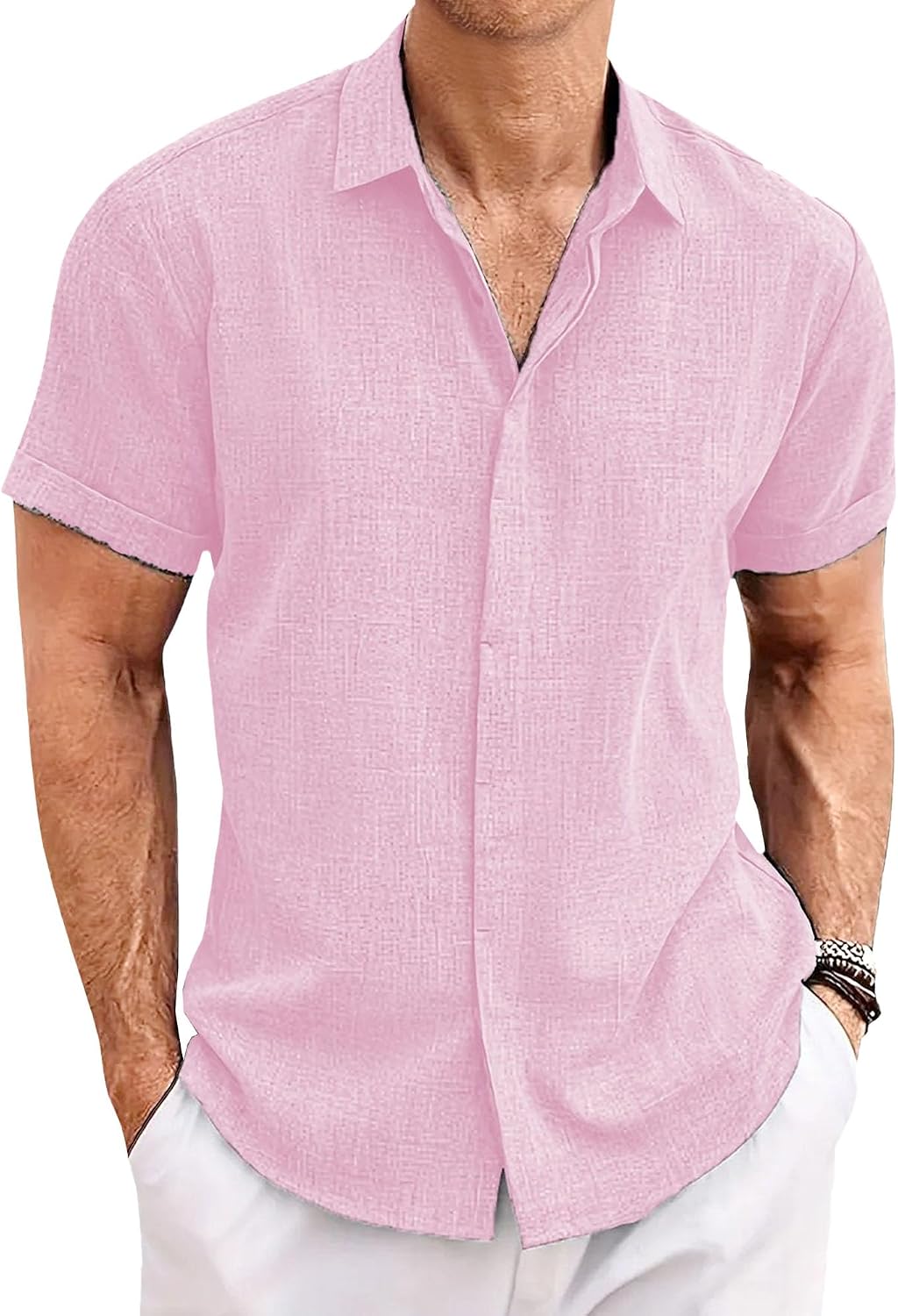 Men's Summer Casual Button Down Shirts Cotton Linen Short Sleeve Shirt for Men Lightweight Beach Tops
