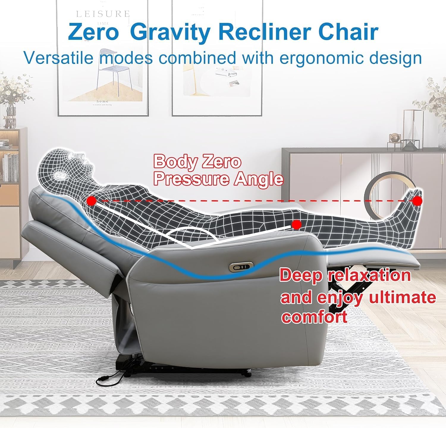 Power Recliner Sofa Couch, Light Grey Leather Reclining couches, Living Room Furniture 1 Seat Recliner Chair with LED Light and USB Ports for Living Room/Home Theater/Office