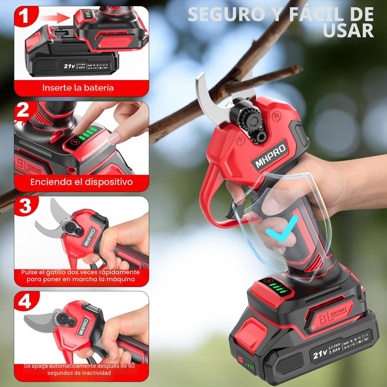Tijeras de Podar Electricas Sin Escobillas, MHPRO Tijeras de Podar 21V con Baterías 2x2000mAh, Pantalla LCD, Tijeras podar Bateria para Jardinería, Árboles Frutales, Viñedos y Granja, Rojo