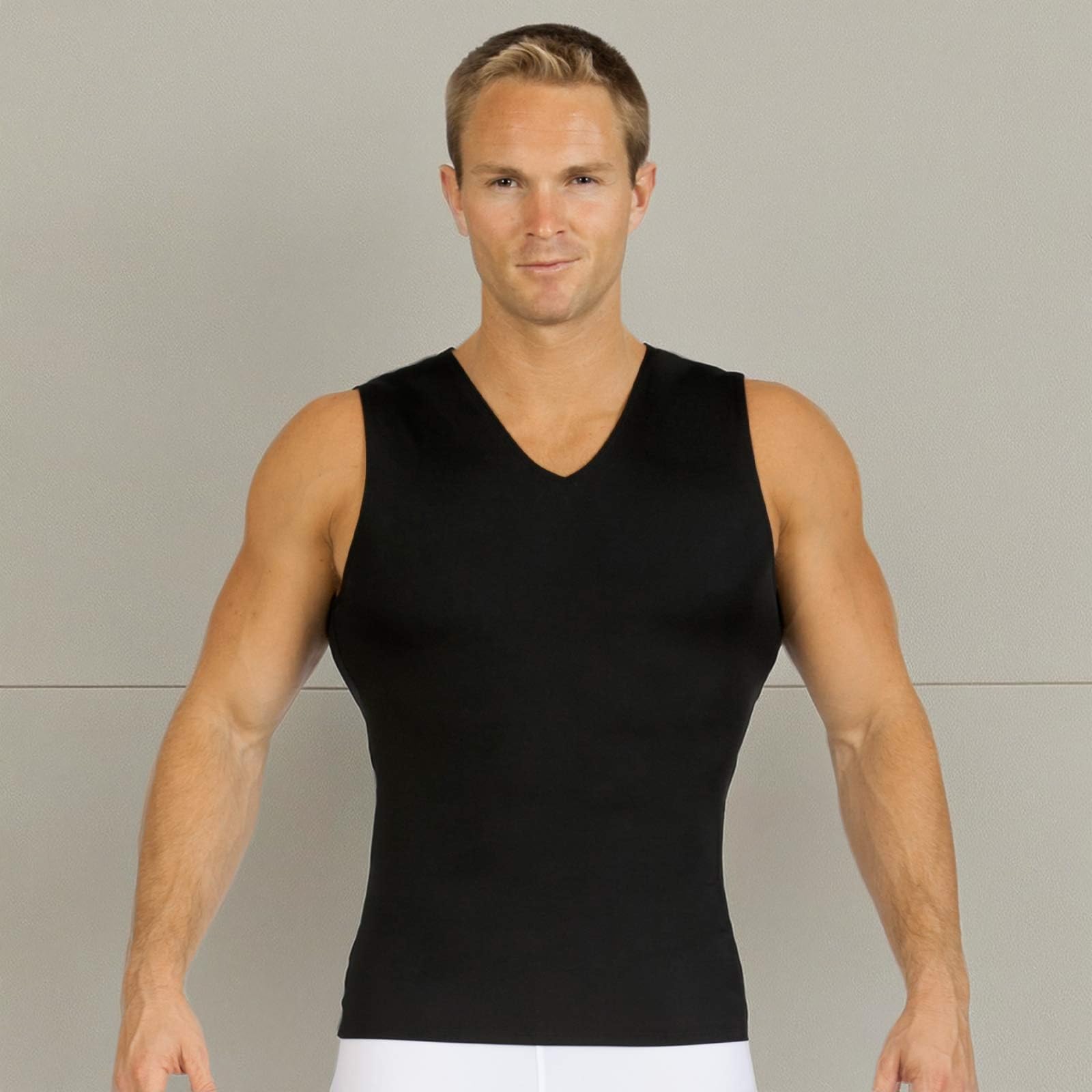 Insta Slim Camiseta de compresión sin mangas con cuello en V para hombre, camiseta interior adelgazante