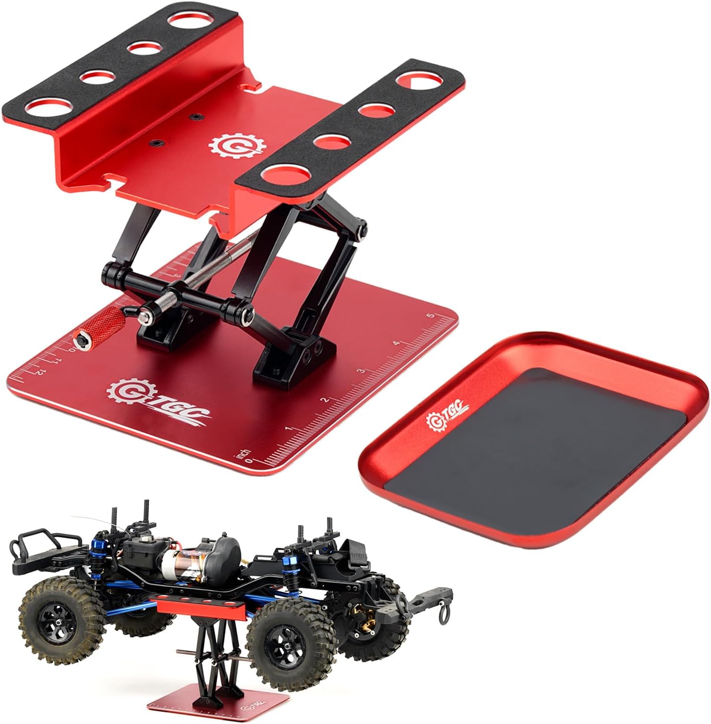 RC Car Adjustable Height Work Stand with Screwed Tray Made of Aluminum Alloy Suit for TRX4M Axial Arrma Redcat Losi Etc 1/8 1/10 1/12 1/14 1/16 1/18 RC Car Tool Set (Black)