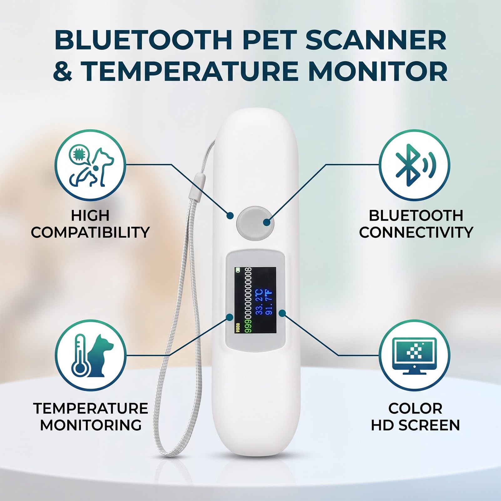 PET-Mikrochip-Scanner, Animal-Tag-Leser mit 1,14 "Farbbildschirm und Temperaturüberwachung, FDX-B für Haustiere kompatibel
