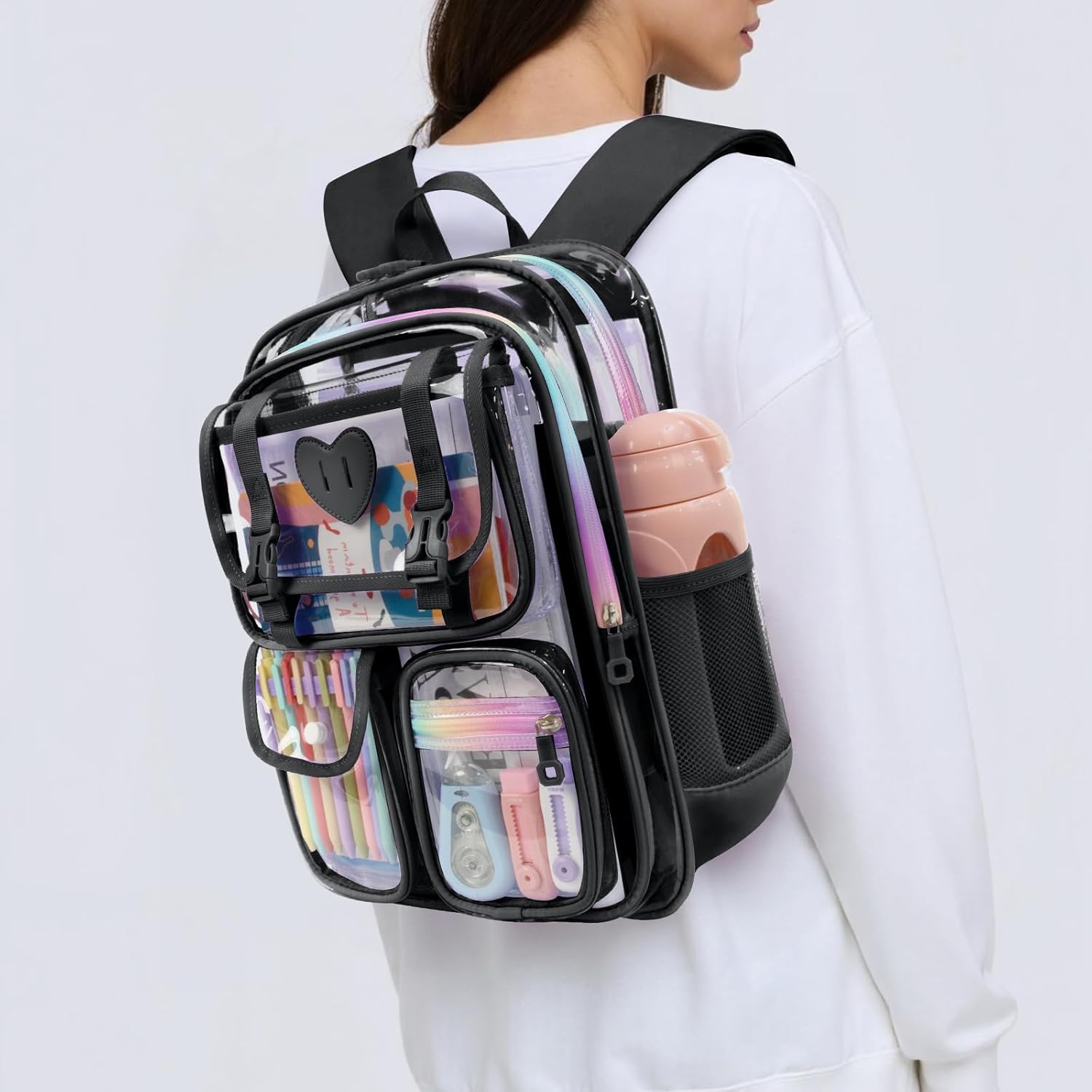 Clear Backpack for Girls Women Heavy Duty Transparent Bookbag School Backpack with Mesh Pockets Stadium Approved See Through Backpack (Black)