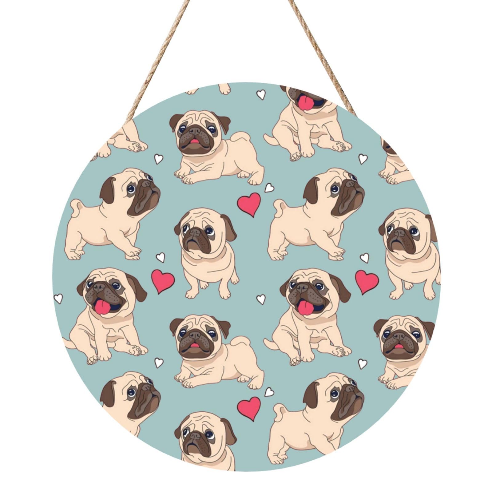InOmak Blue Pug Sticker, Round Wood Panel Painting 12 in, Wall Hanging Painting For Home